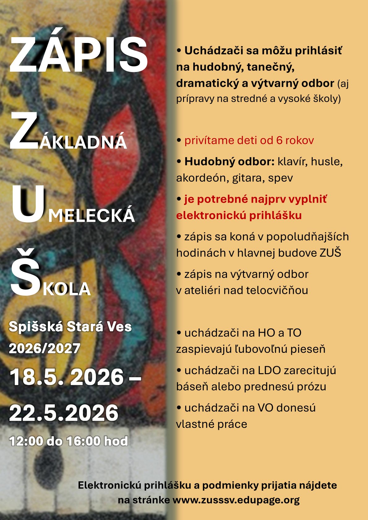 Zápis do ZUŠ Spišská Stará Ves v dňoch 18.5. - 22.5.2026
