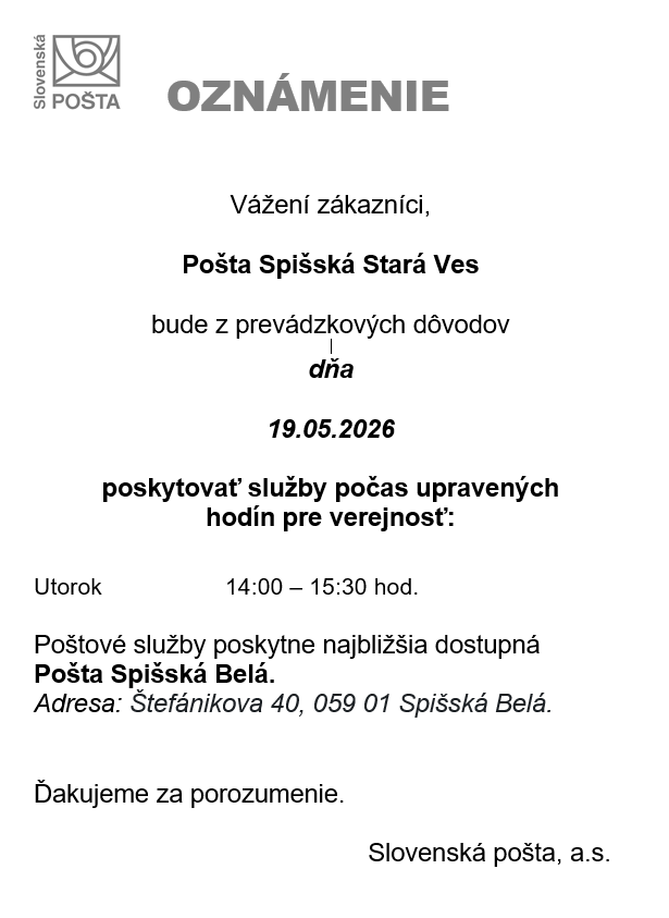Oznam pošty v Spišskej Starej Vsi