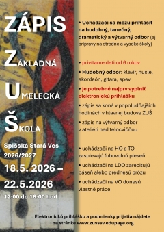 Zápis do ZUŠ Spišská Stará Ves v dňoch 18.5. - 22.5.2026
